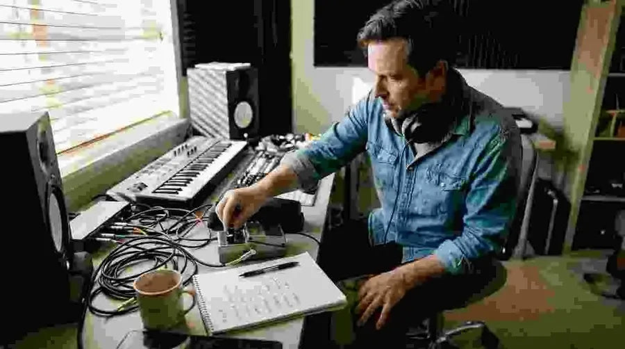 Musician adjusting flanger pedal in home studio