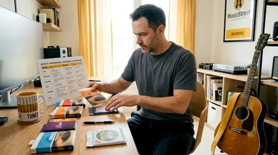 Person sorting different guitar string types
