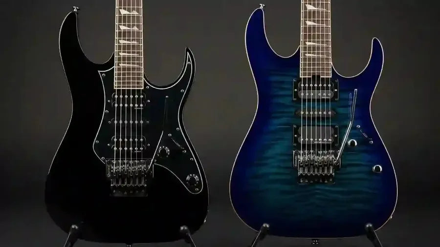 An Ibanez RG and S Series side-by-side, showing their contrasting shapes and design details