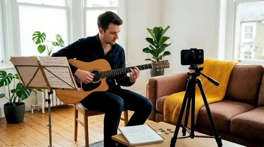 Guitarist practicing finger exercises at home