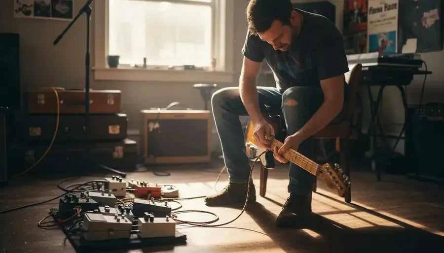 Guitarist connecting braided cable in studio