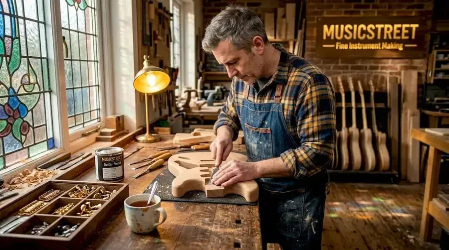 Luthier crafting Stratocaster in workshop