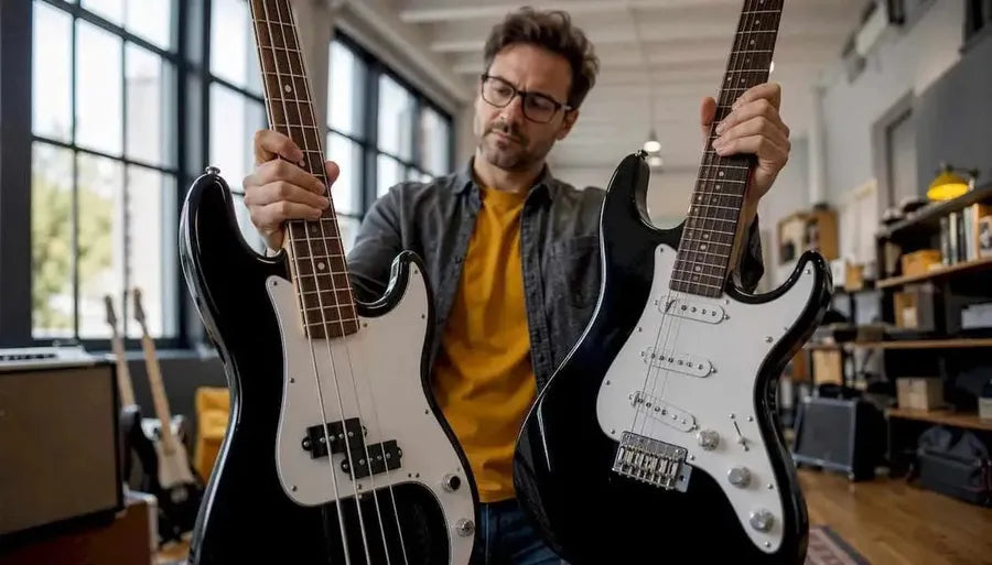 Instructor comparing bass and electric guitars