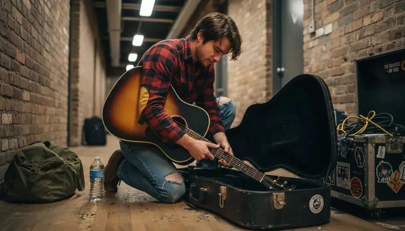 Musician packing guitar for travel