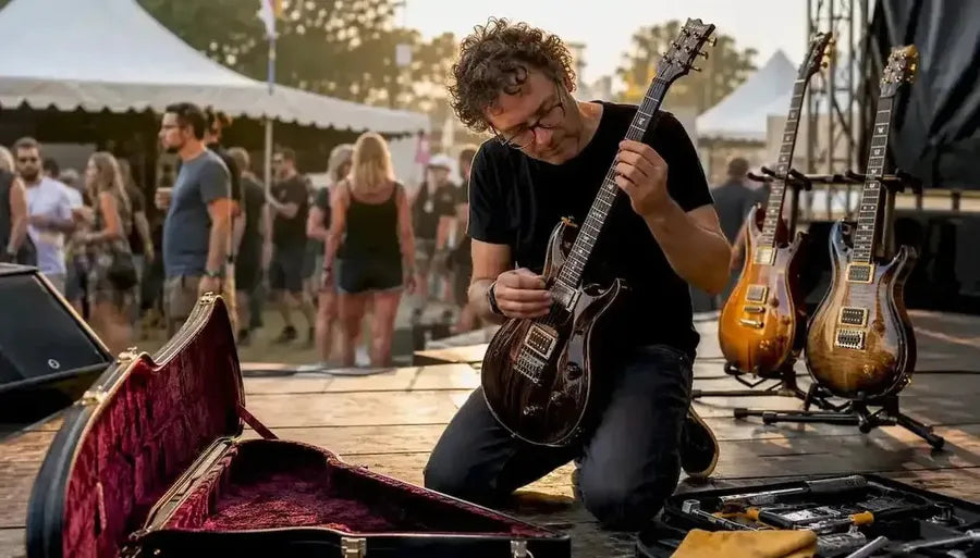Guitar expert examining PRS Custom 24 in showroom