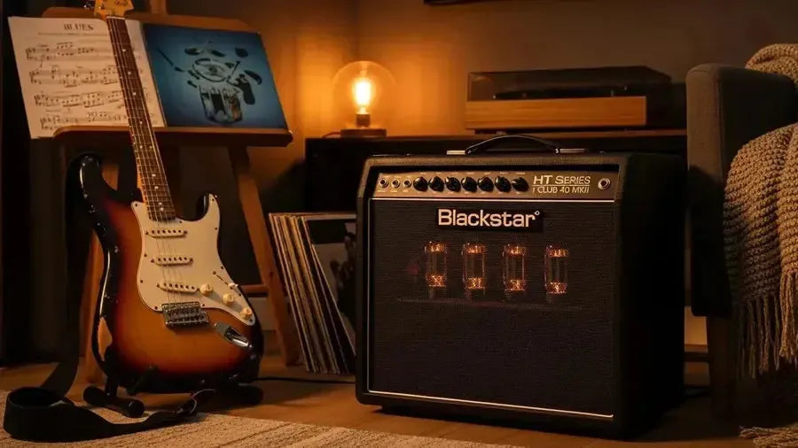 Blackstar HT Series amplifier in a cozy home music setup with a guitar