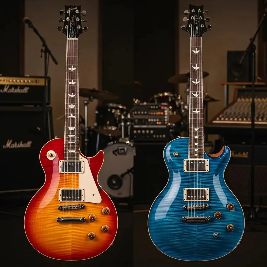 Gibson Les Paul and PRS Custom 24 guitars displayed in a music studio, emphasizing their unique designs