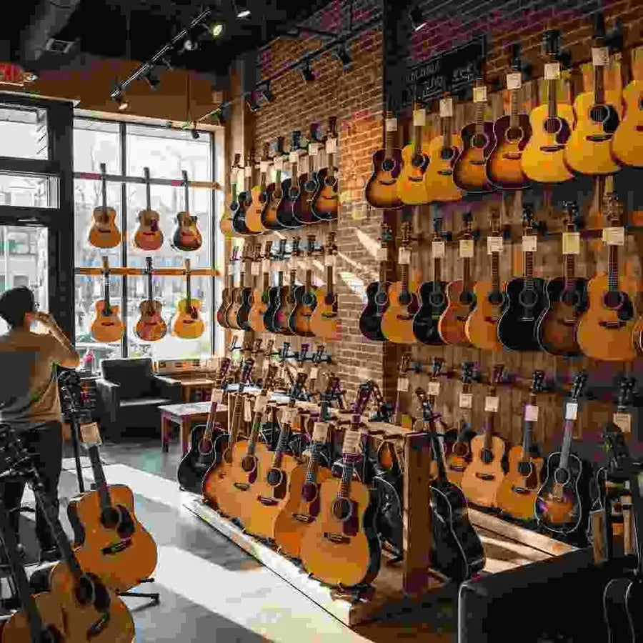 Variety of acoustic guitars in a music store, showcasing different styles and craftsmanship