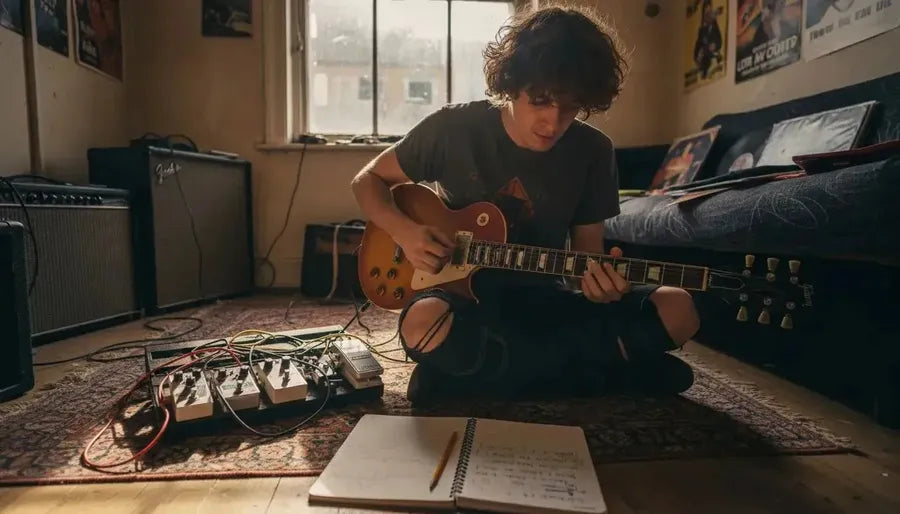 Guitarist adjusting controls in apartment