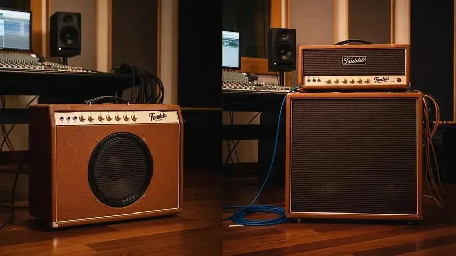 Comparison of combo guitar amplifier and head and cabinet setup in a music studio