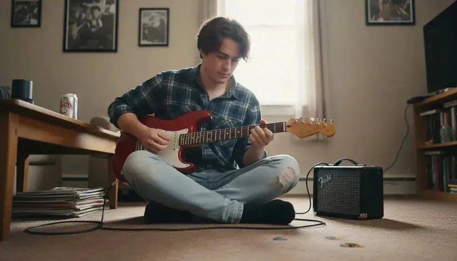 Beginner tuning solid body electric guitar