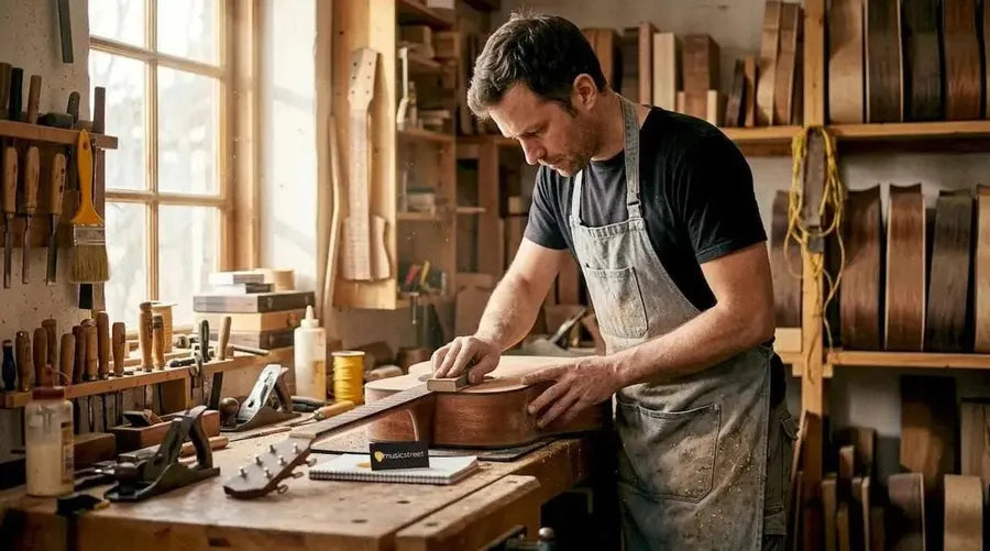 Guitar luthier sanding guitar body in workshop