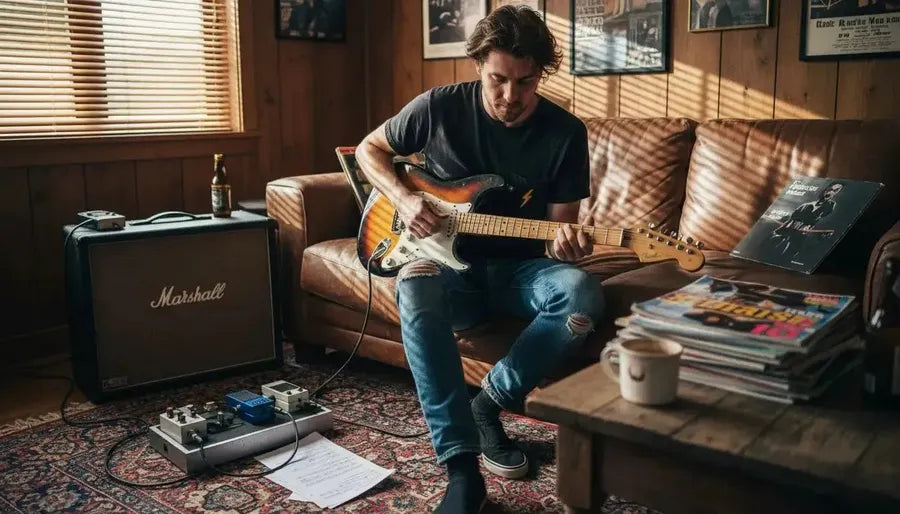 Guitarist sustaining a note in relaxed setting
