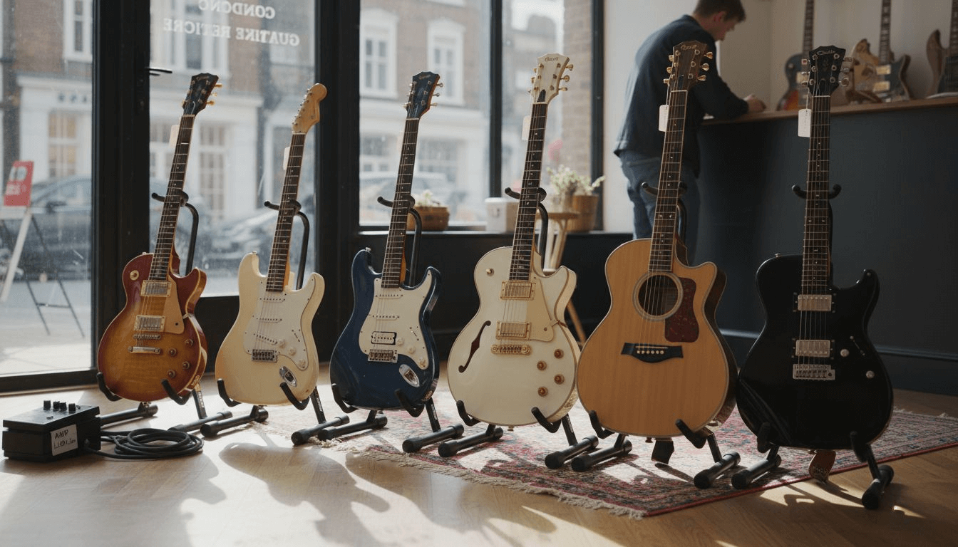 Lineup of seven premier guitars in boutique shop