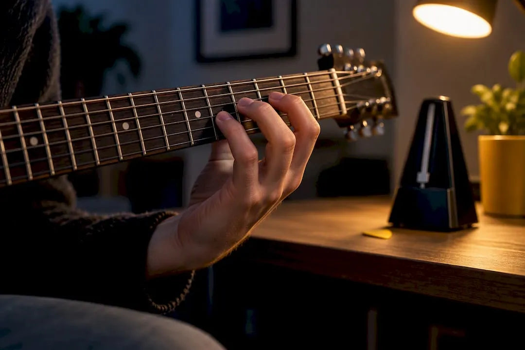 Beginner hand following notes on guitar fretboard