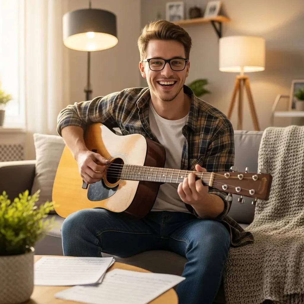 Beginner guitarist with acoustic guitar in a cozy living room, representing the excitement of learning music