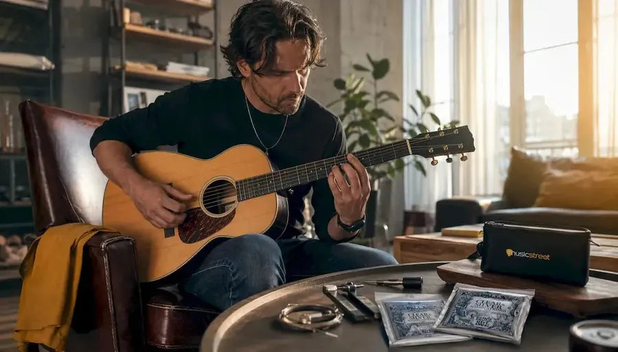 Guitarist inspecting nylon strings on steel guitar