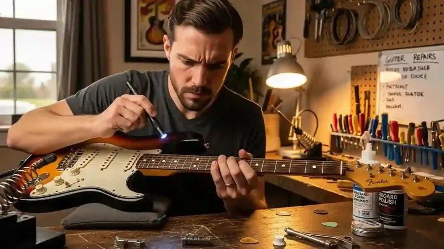 Musician inspecting an electric guitar for maintenance and repair