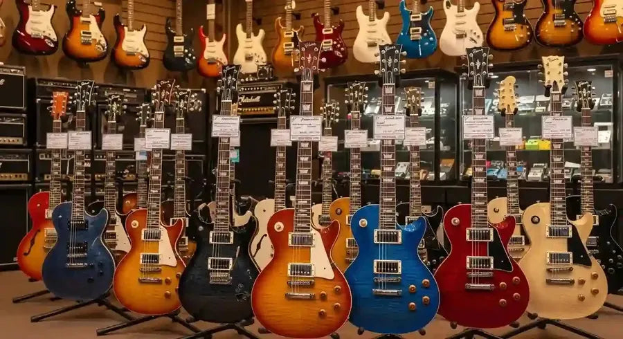 Diverse selection of electric guitars in a music store, showcasing top brands