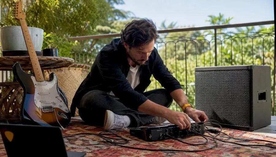 Guitarist connecting digital rig to FRFR speaker
