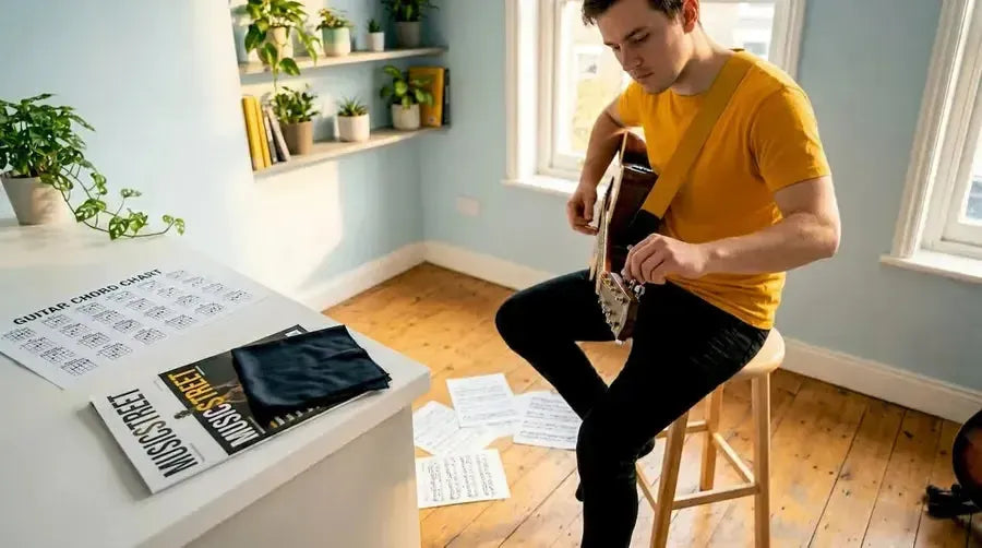 Beginner tuning acoustic guitar near sofa