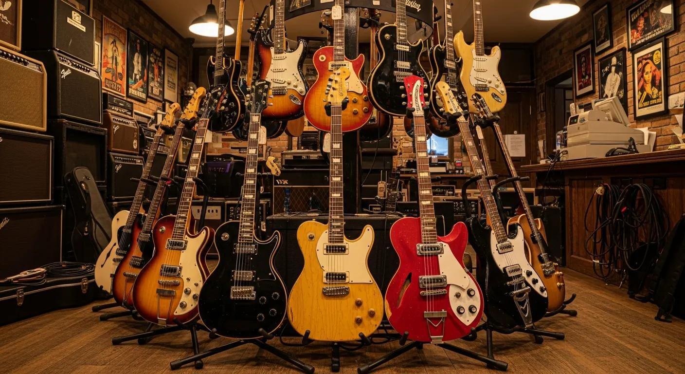 A collection of used electric guitars in a cozy music shop, showcasing various models and colors