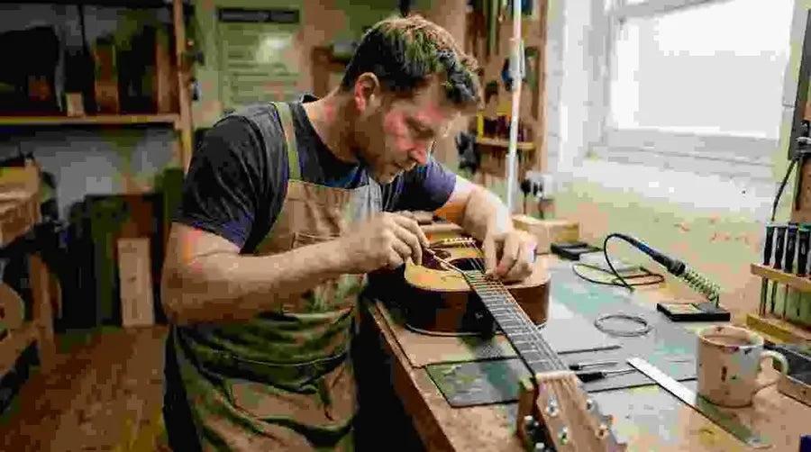 Luthier installing piezo pickup in acoustic guitar
