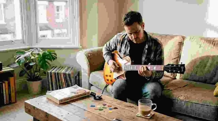 Guitarist testing tone at home