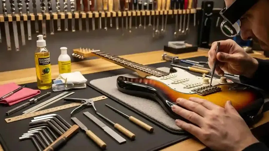 Guitar setup process highlighting the importance of professional maintenance for optimal performance