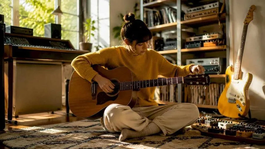 Woman tuning acoustic guitar indoors