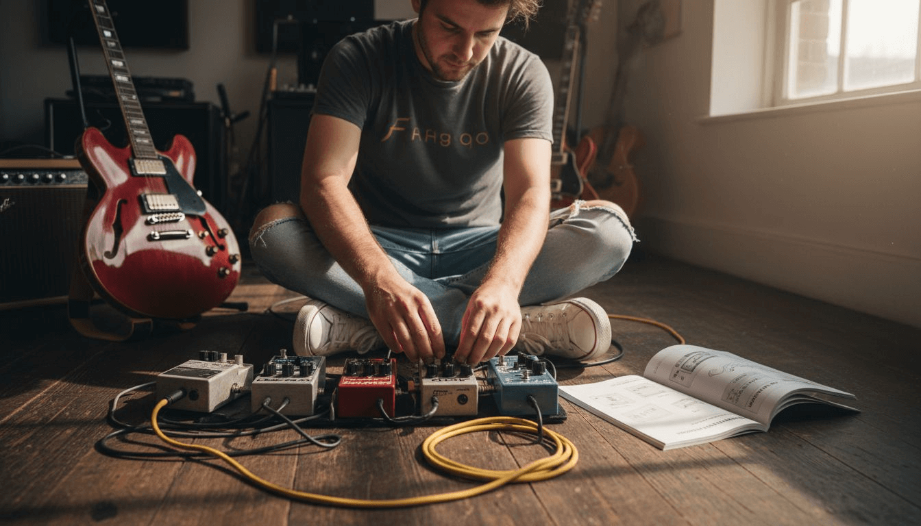 Guitarist arranging effects pedals on studio floor