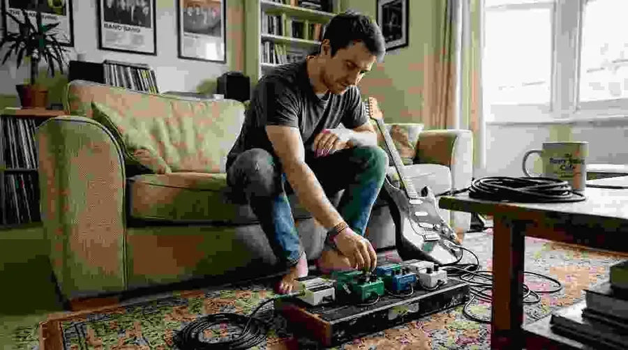 Guitarist adjusting true bypass guitar pedal