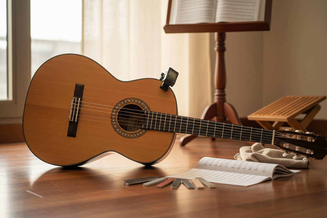 Classical guitar with nylon strings showcasing craftsmanship and accessories for learning