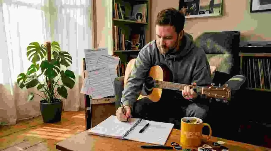 Guitarist working in sunlit home music studio
