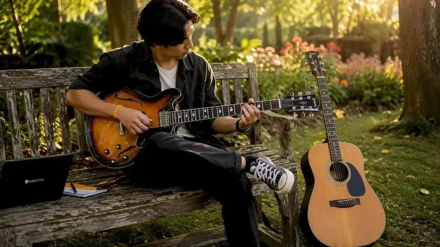 Person comparing semi-acoustic and acoustic guitars indoors