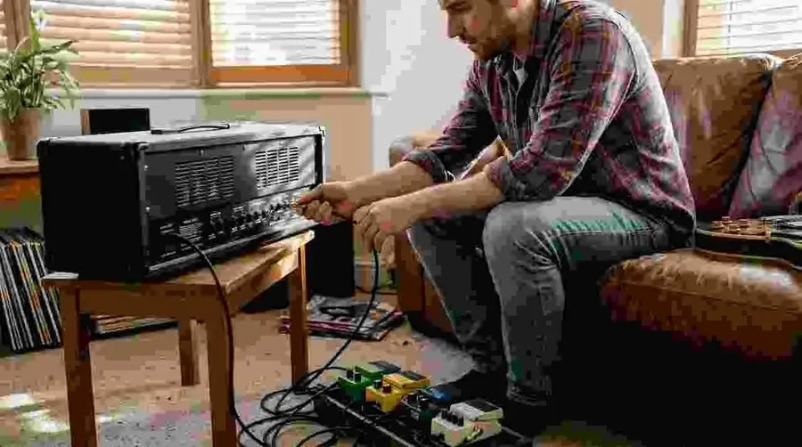 Guitarist connecting amp effects loop in living room