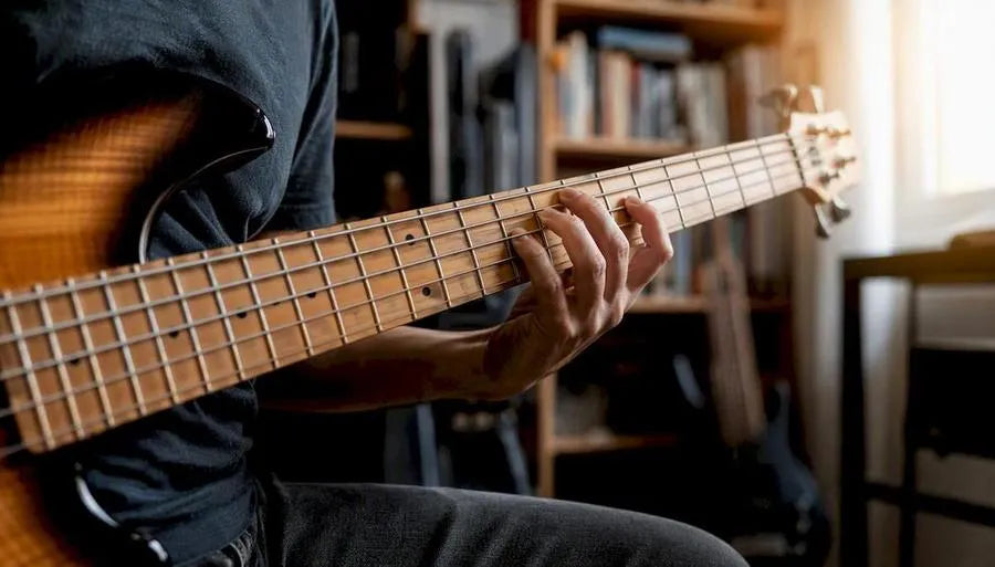 Close-up of fingers playing 5-string bass scales