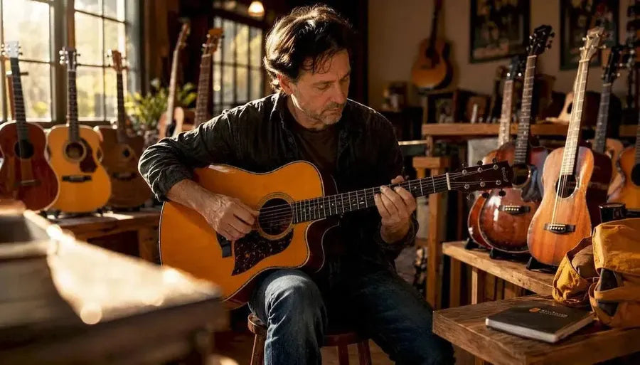 Man playing acoustic guitar in music store