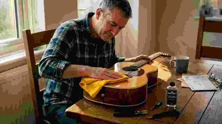 Guitarist wiping guitar with microfiber cloth