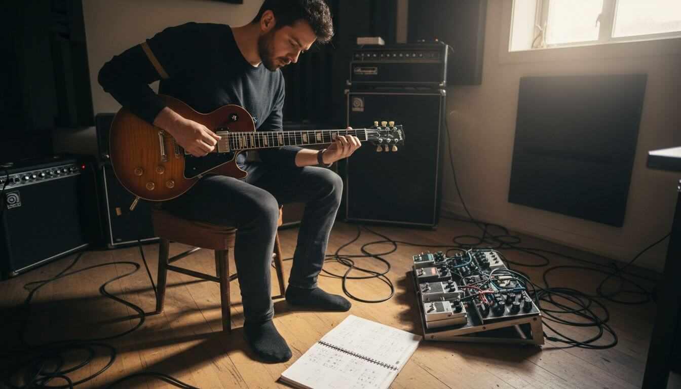 Guitarist tuning electric guitar with humbucker pickups