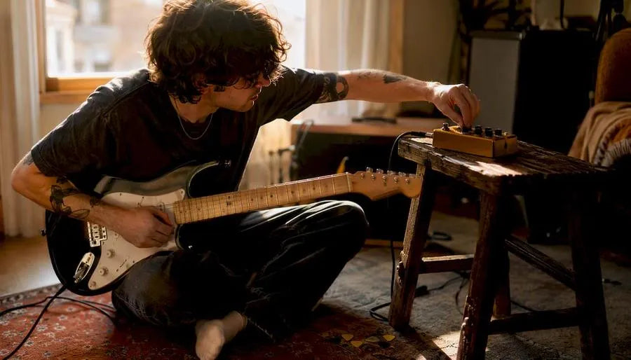 Guitarist adjusting overdrive pedal knob