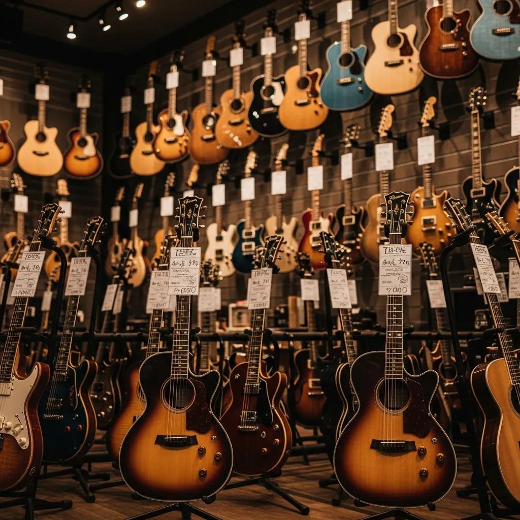 Diverse selection of electric and acoustic guitars in a UK music store