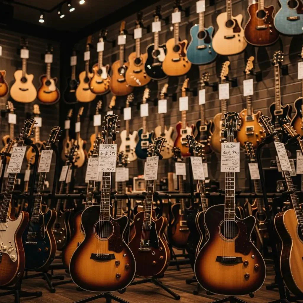 Diverse selection of electric and acoustic guitars in a UK music store