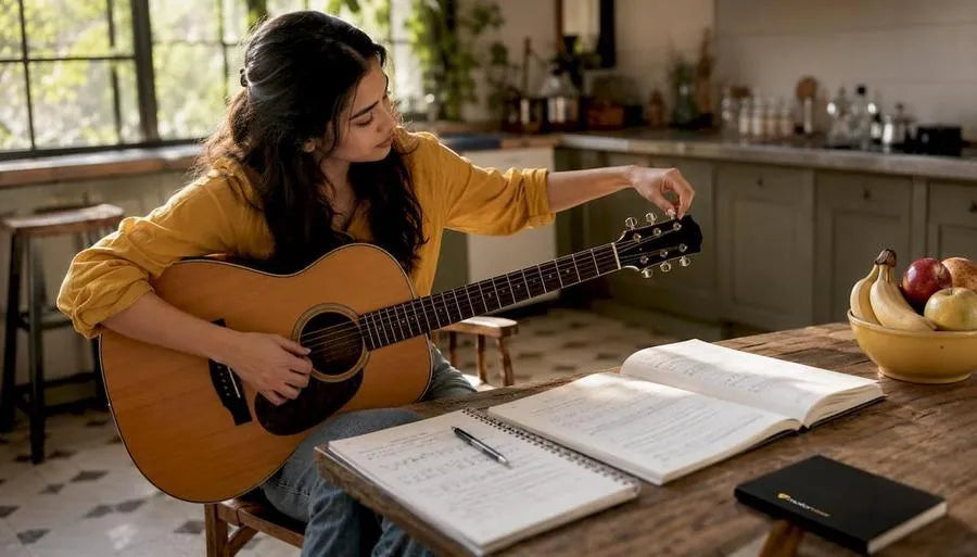 Woman tuning guitar studying scales