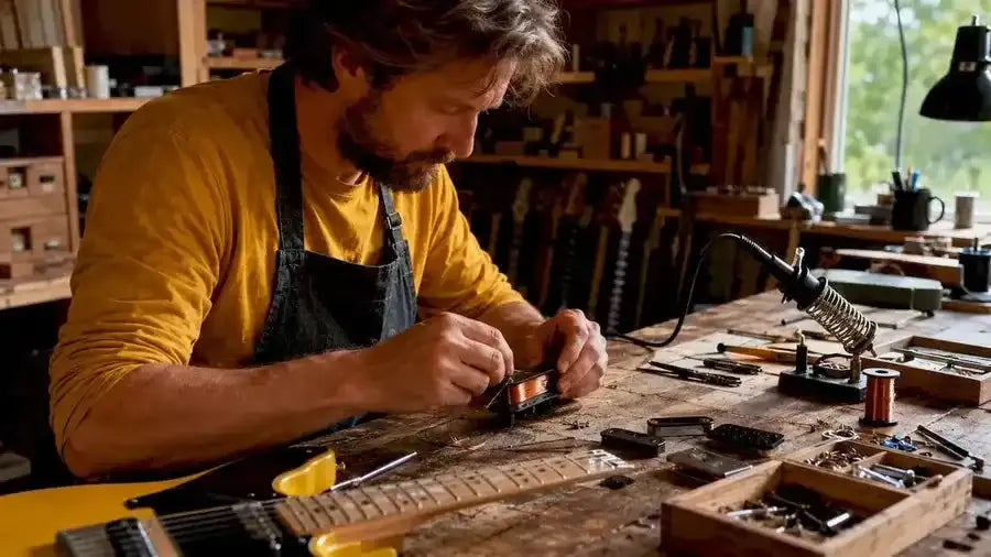 Close-up of hands assembling guitar pickup