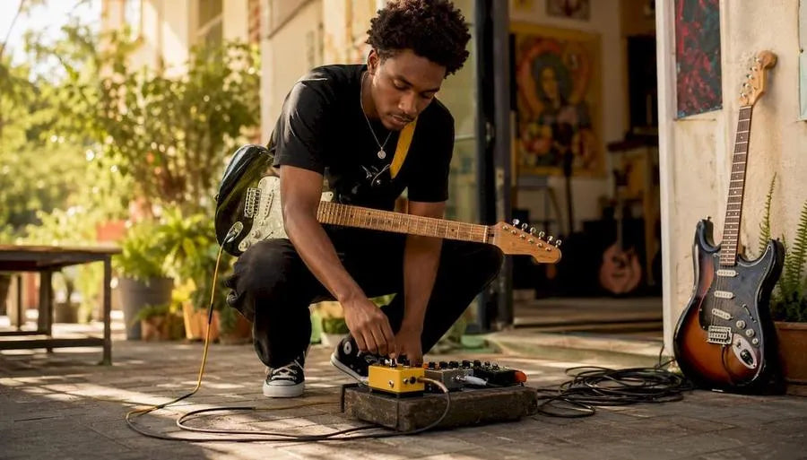 Guitarist adjusting reverb pedal knobs