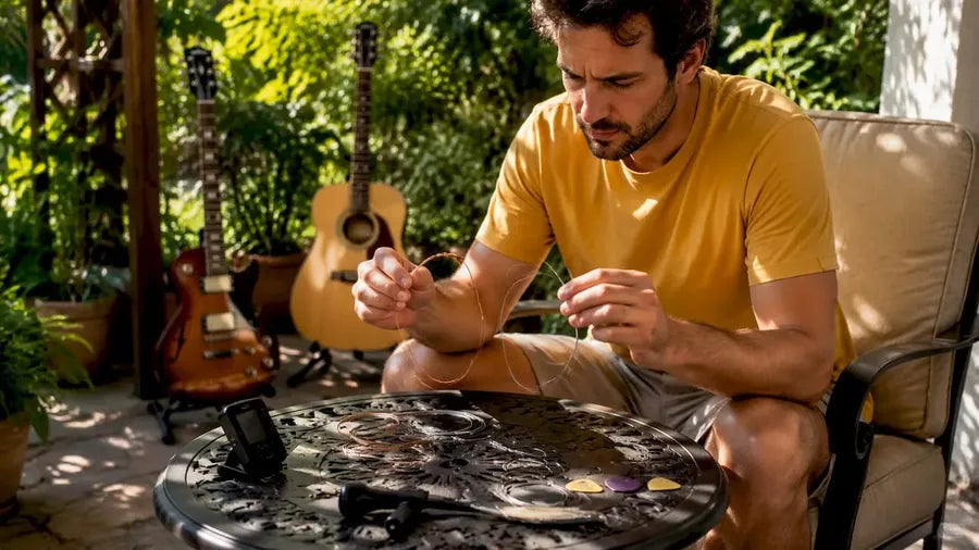 Man comparing acoustic and electric guitar strings