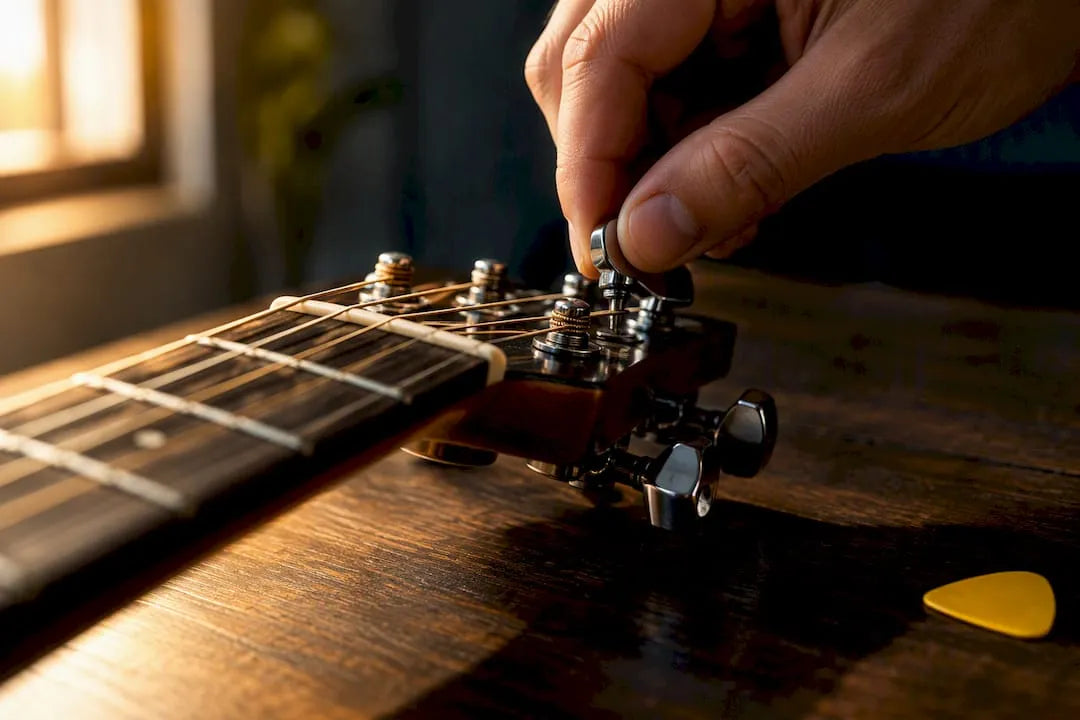 Hand adjusting guitar tuning peg