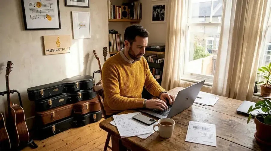 Man listing guitars for sale online at home