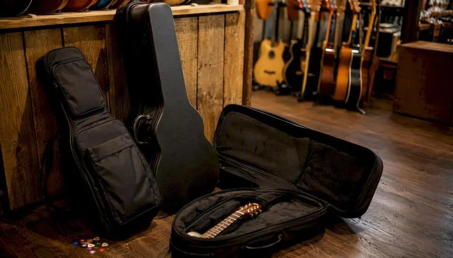 Various guitar cases showing materials and fit